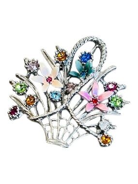 Vintage Flower Basket Brooch – Silver Tone with Rhinestones & Enamel